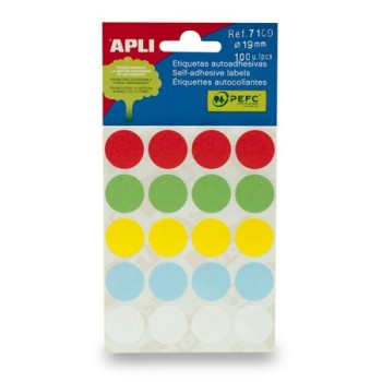 Etiquettes, 19 mm rondes, écrites à la main, couleur, APLI, couleurs mélangées, 100 étiquettes par paquet